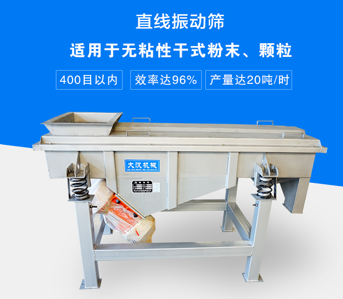 直線振動篩適用于無粘性干式粉末、顆粒，產(chǎn)量達20噸/時