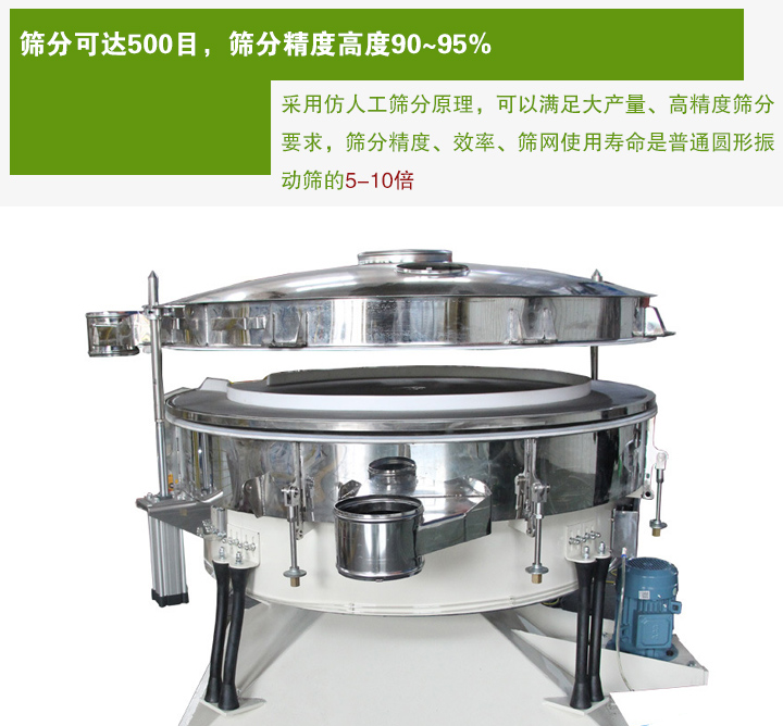 搖擺篩分機(jī)采用仿人工篩分原理，可以滿足大產(chǎn)量、高精度篩分 要求，篩分精度、效率、篩網(wǎng)使用壽命是普通圓形振 動篩的5-10倍