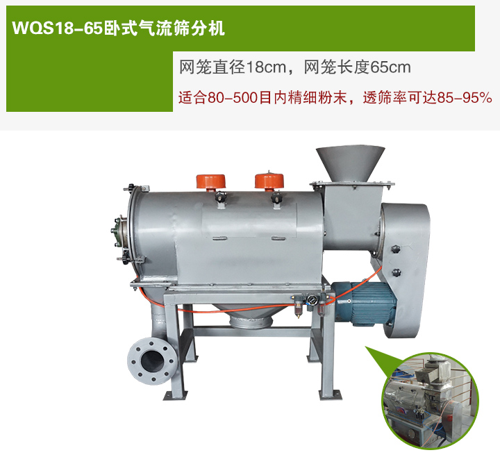 WQS18-65臥式氣流篩分機(jī)網(wǎng)籠直徑為18cm，網(wǎng)籠長度為65cm